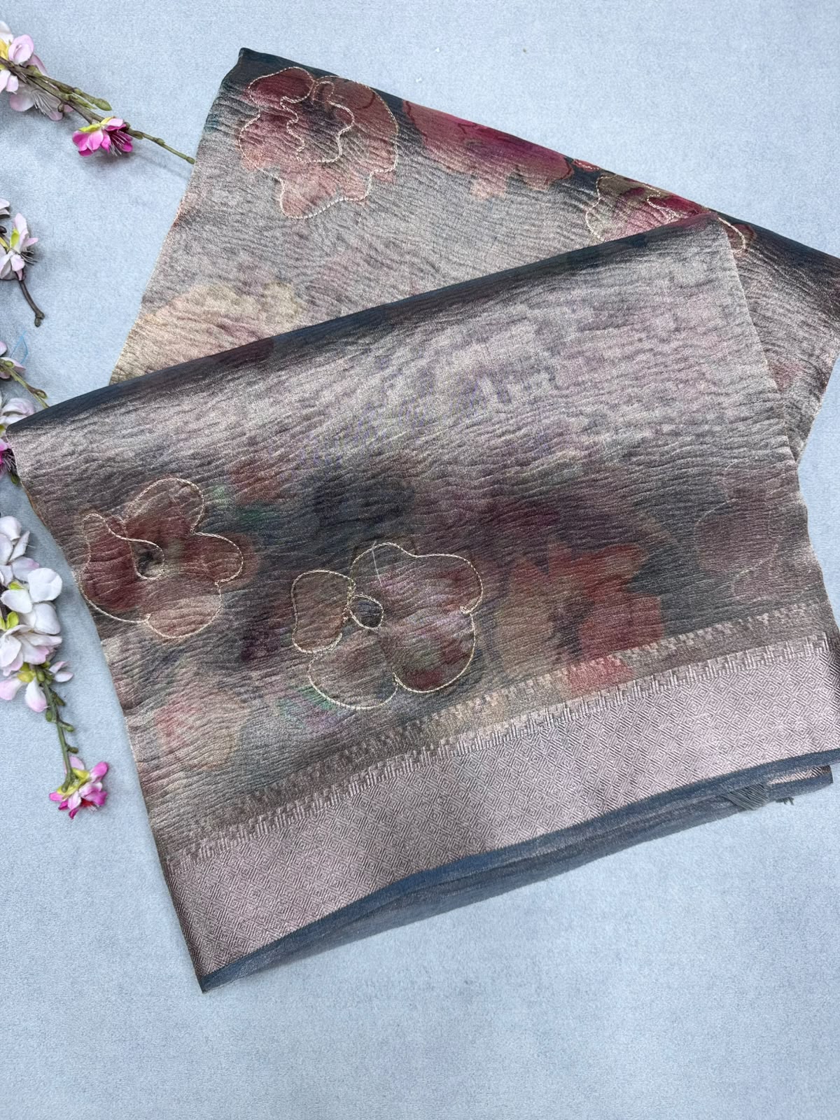 Grey Applique Work Tissue Saree 110
