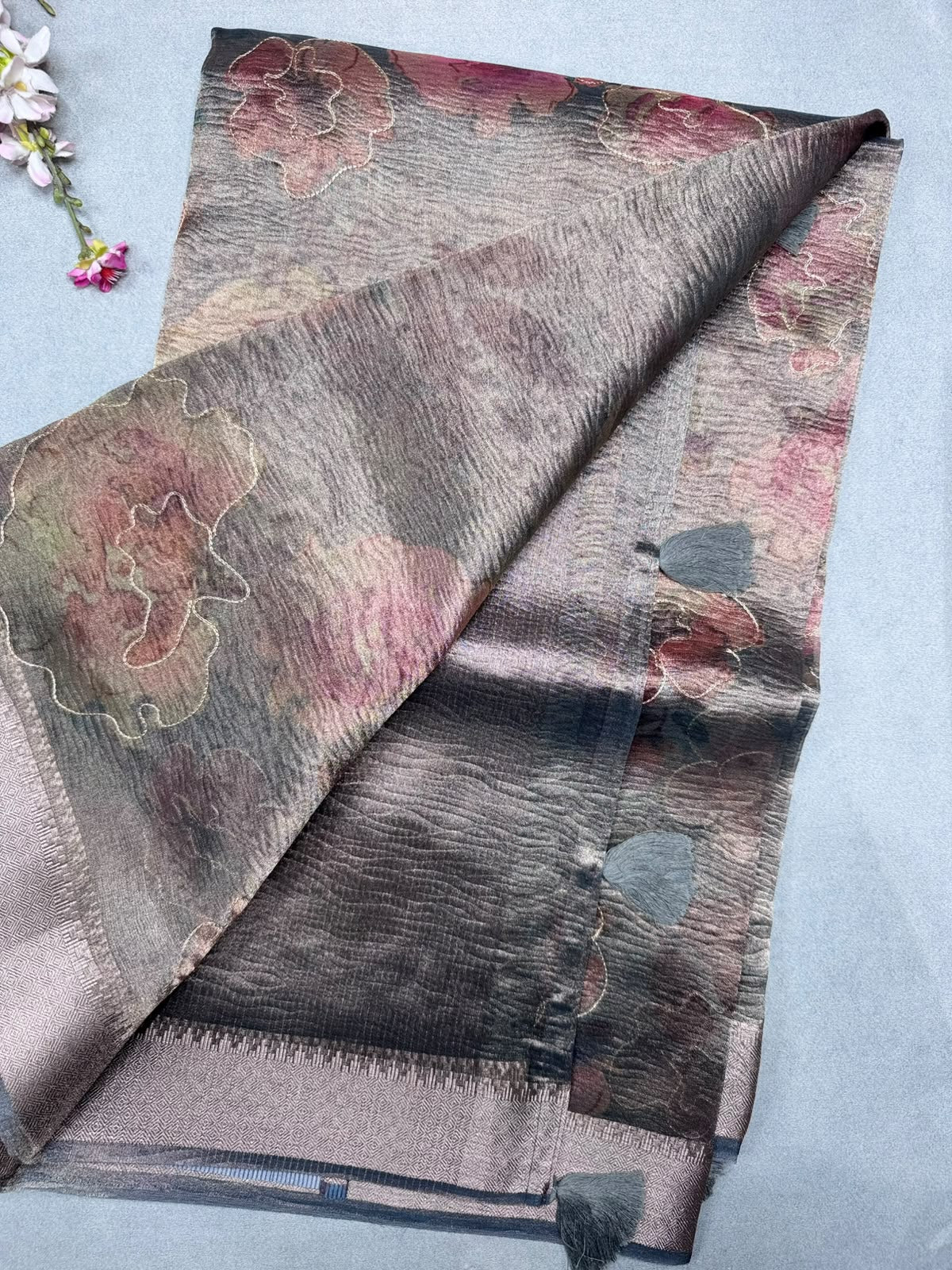Grey Applique Work Tissue Saree 110