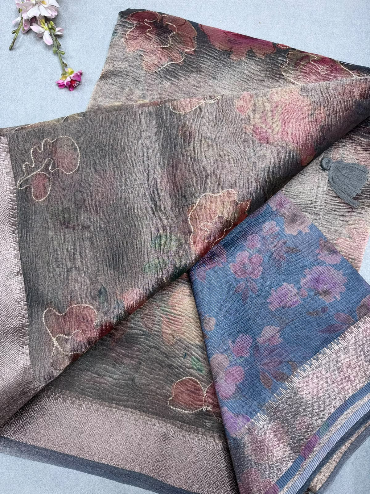 Grey Applique Work Tissue Saree 110
