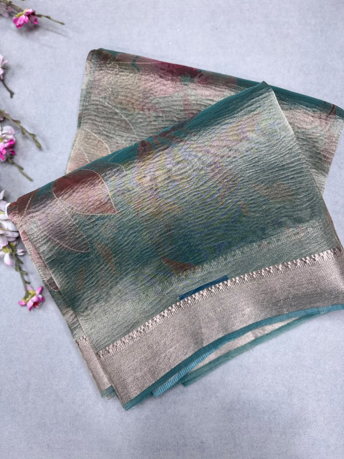 Green Applique Work Tissue Saree 110