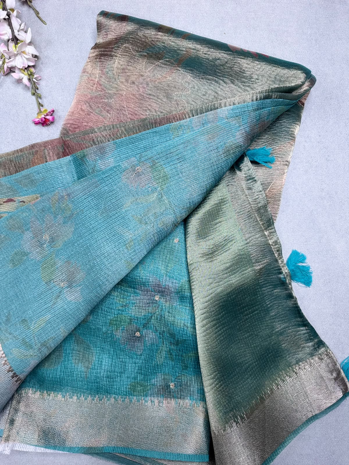 Green Applique Work Tissue Saree 110