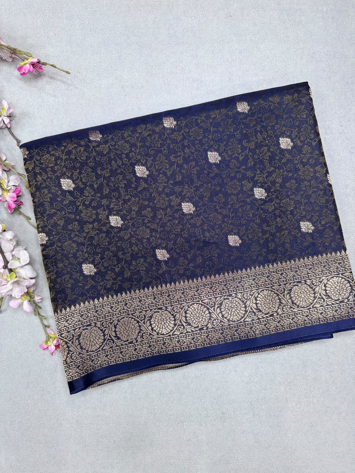 Navy Blue Satin Crepe Saree 110