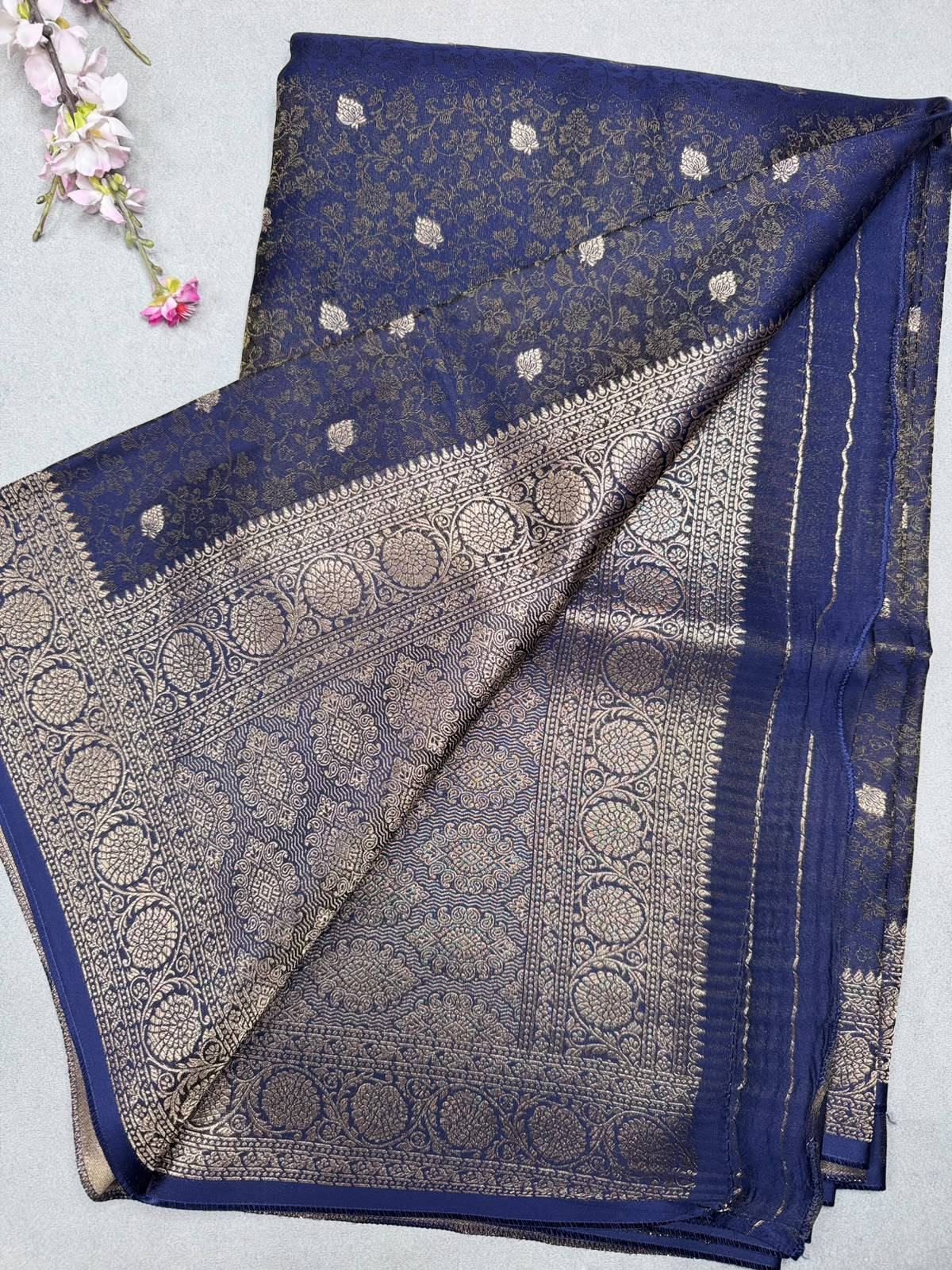 Navy Blue Satin Crepe Saree 110
