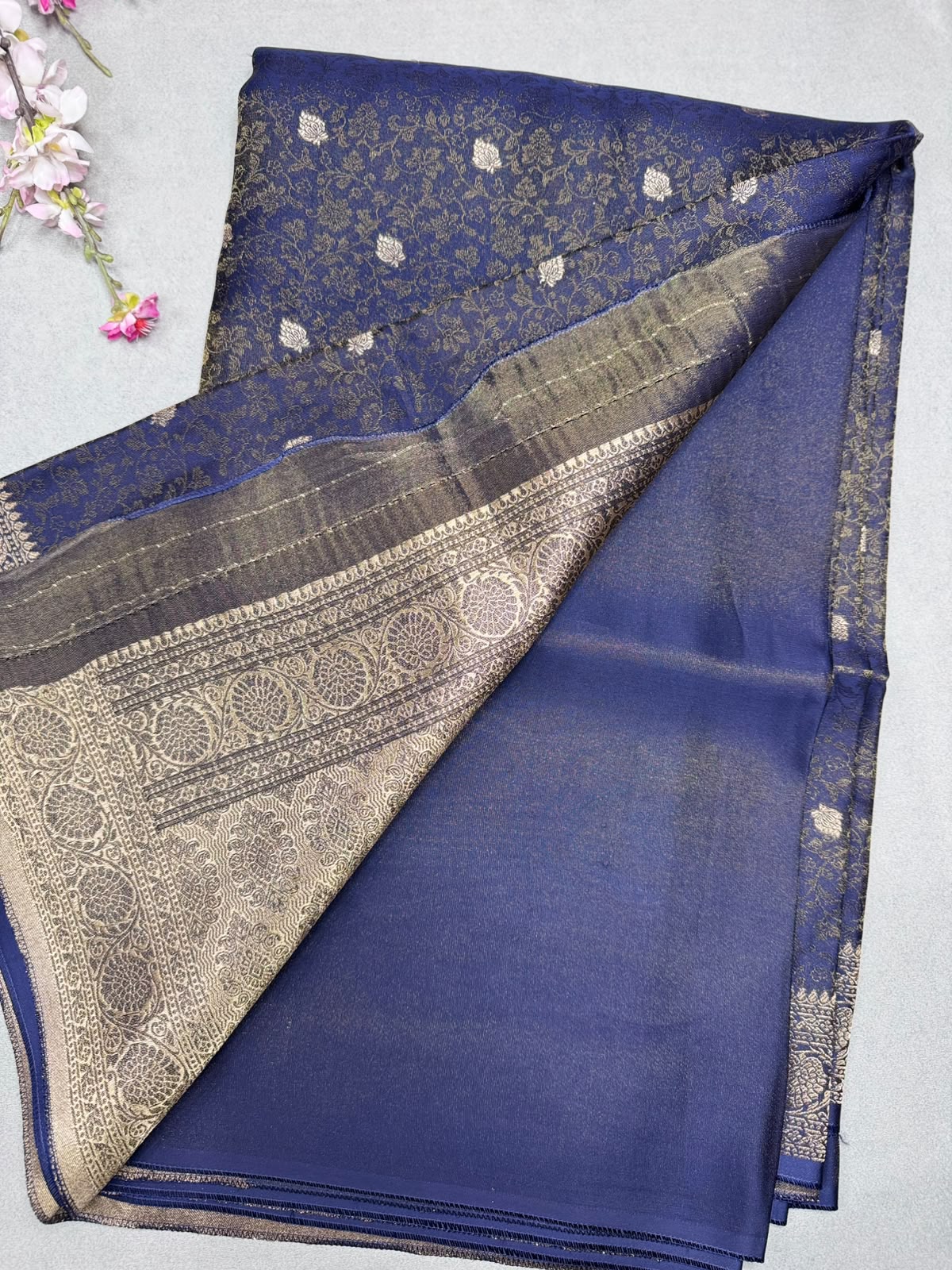 Navy Blue Satin Crepe Saree 110