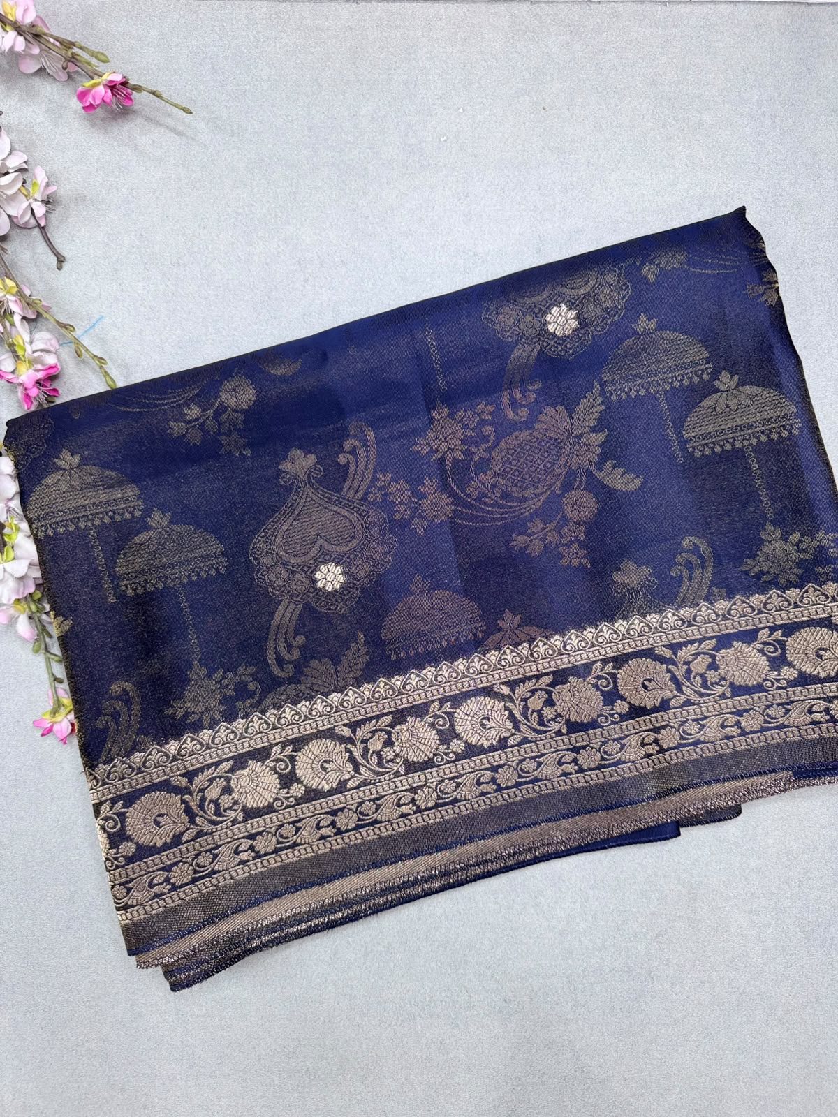 Navy Blue Satin Crepe Saree 110