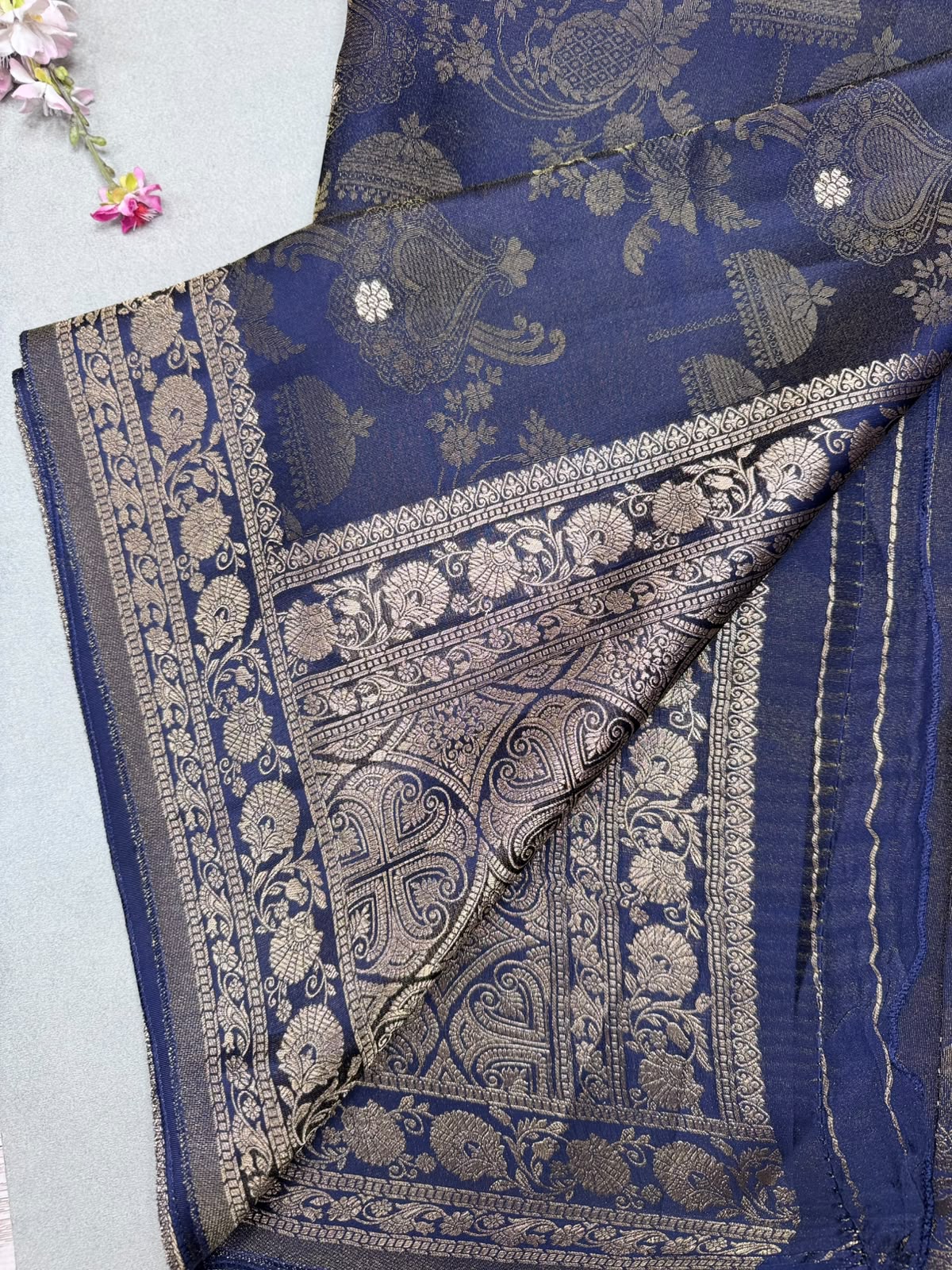 Navy Blue Satin Crepe Saree 110