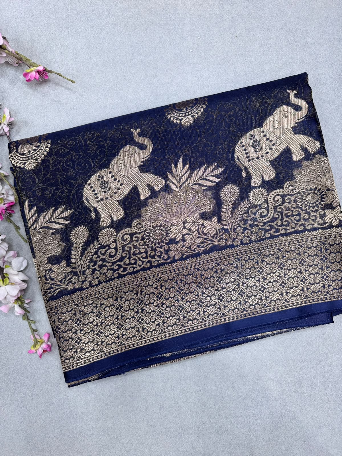 Navy Blue Satin Crepe Saree 110