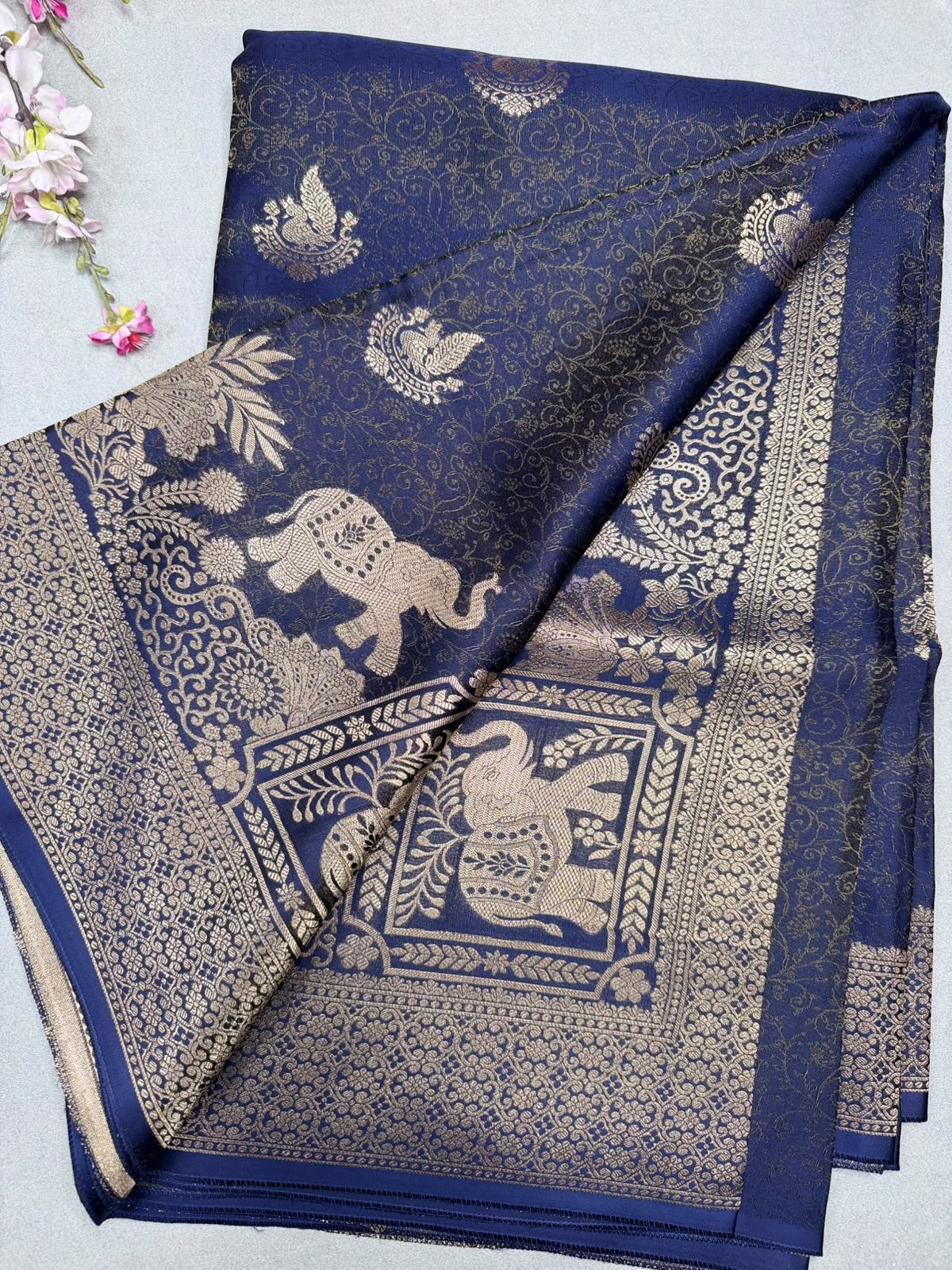 Navy Blue Satin Crepe Saree 110