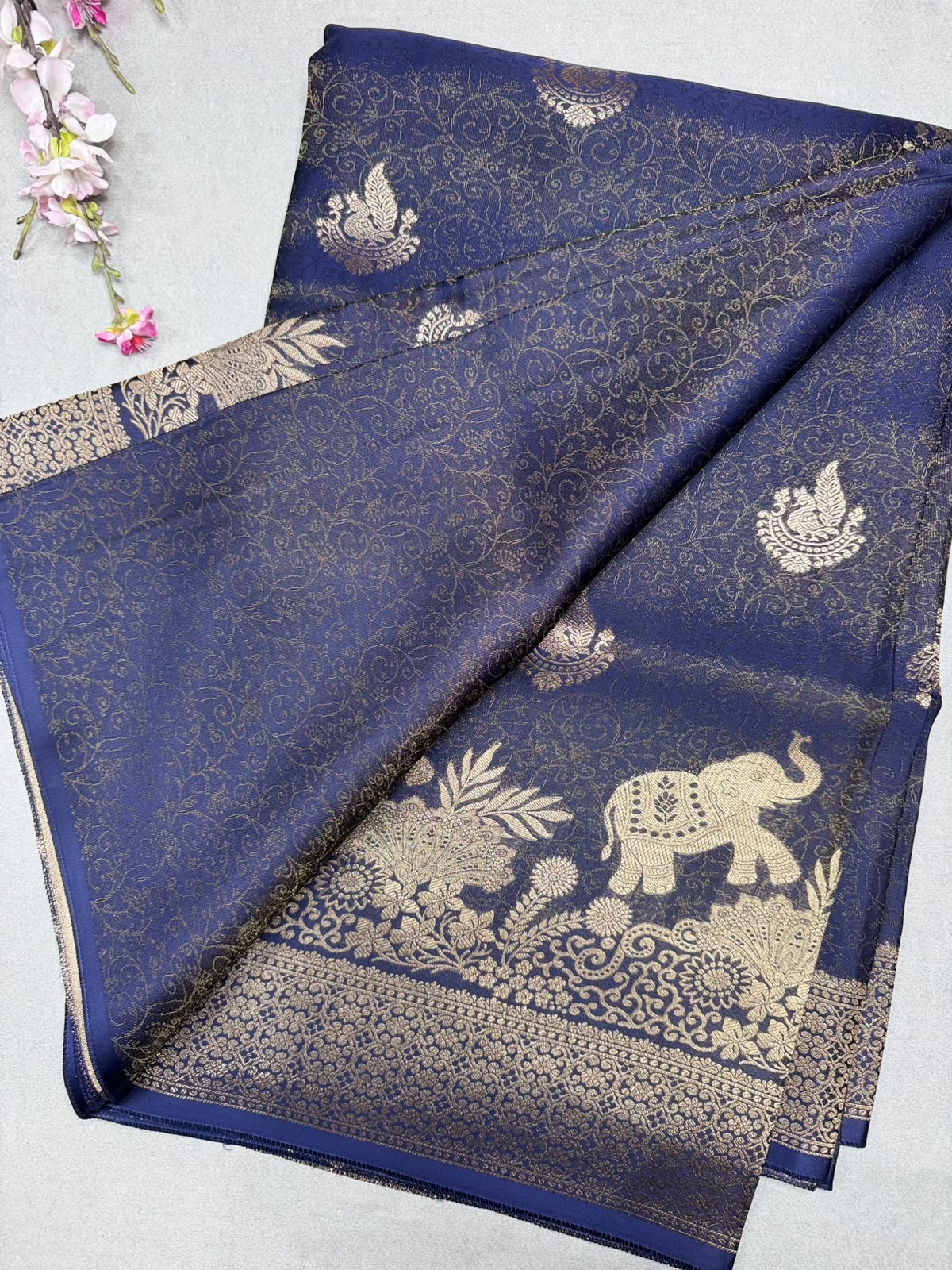 Navy Blue Satin Crepe Saree 110