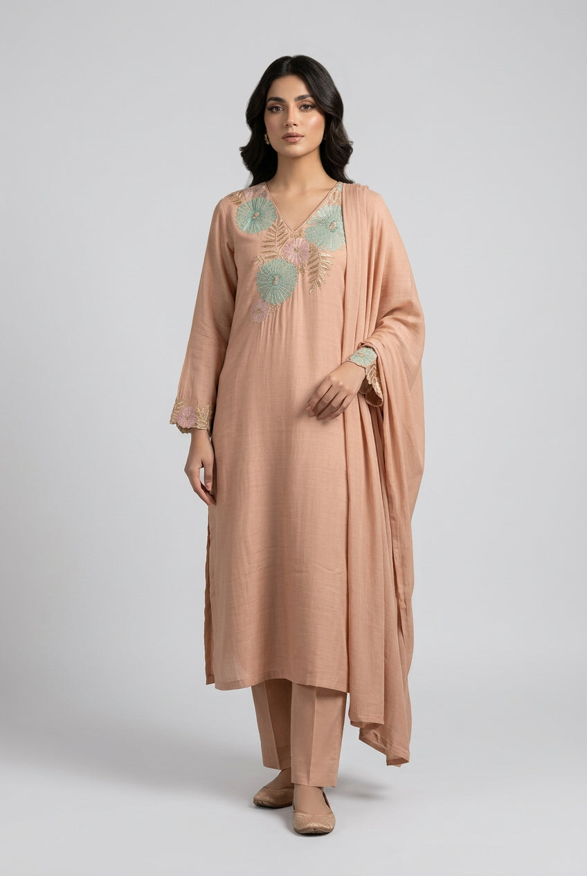 Peach Mul Chanderi Thread Embroidery Airline Kurtha 53