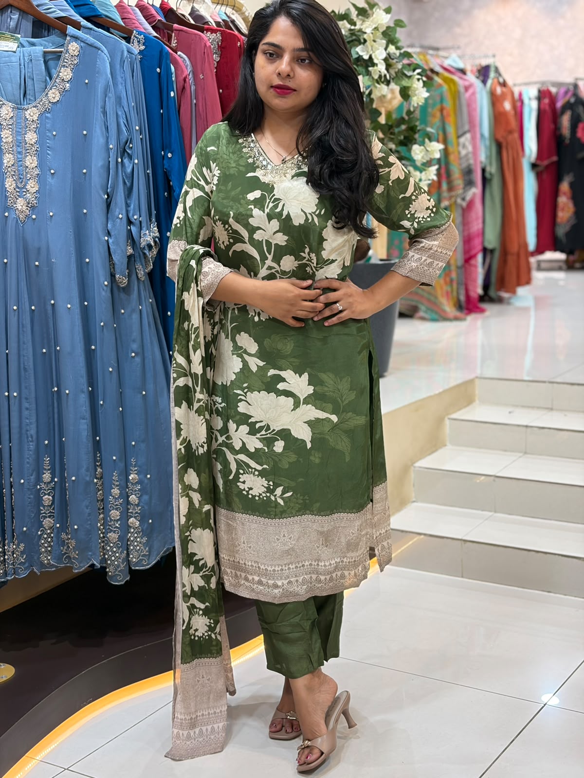 Green Digital Print Handwork Crepe Kurtha 533