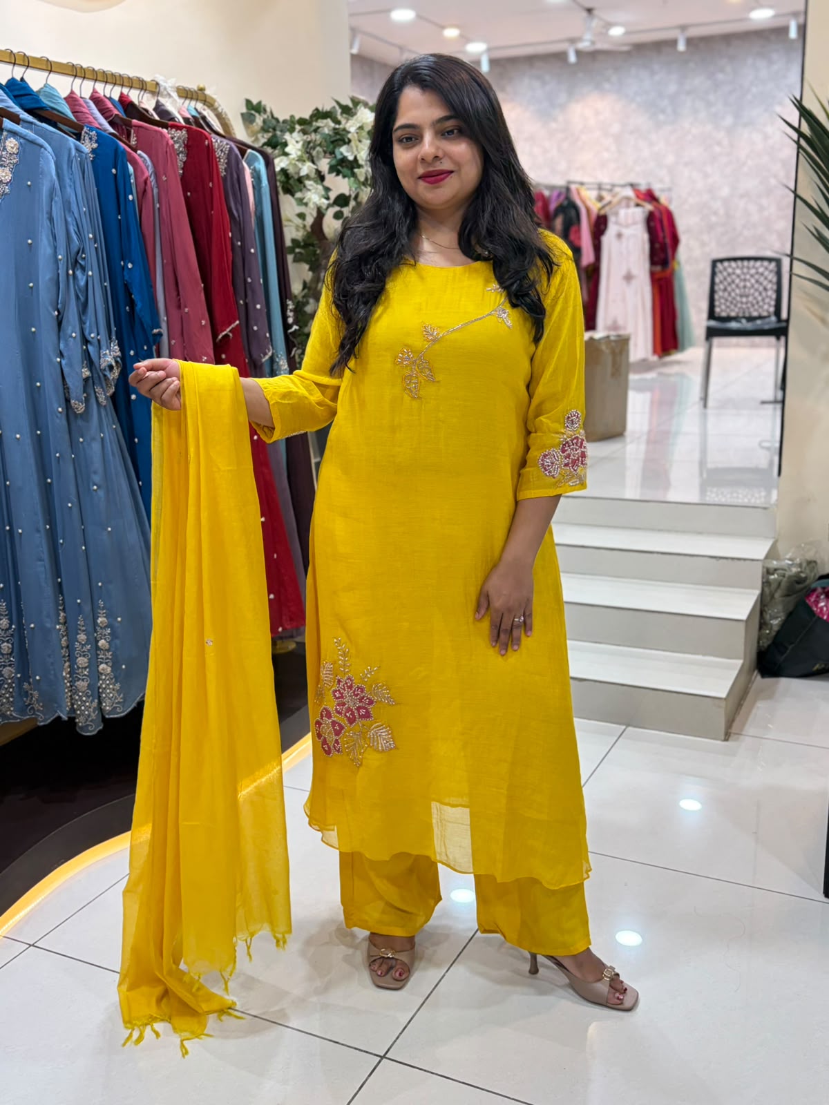 Lemon Yellow Mul Chanderi Hand Embroidery Airline Kurtha 514