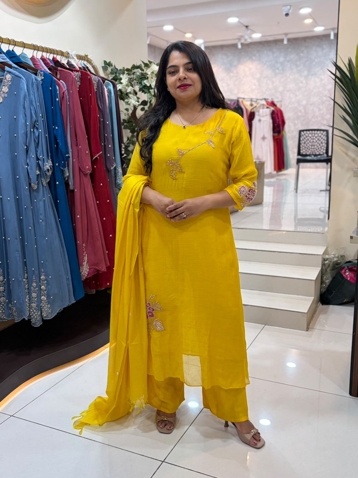 Lemon Yellow Mul Chanderi Hand Embroidery Airline Kurtha 514