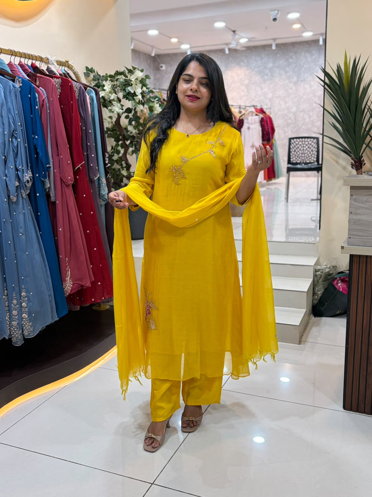 Lemon Yellow Mul Chanderi Hand Embroidery Airline Kurtha 514