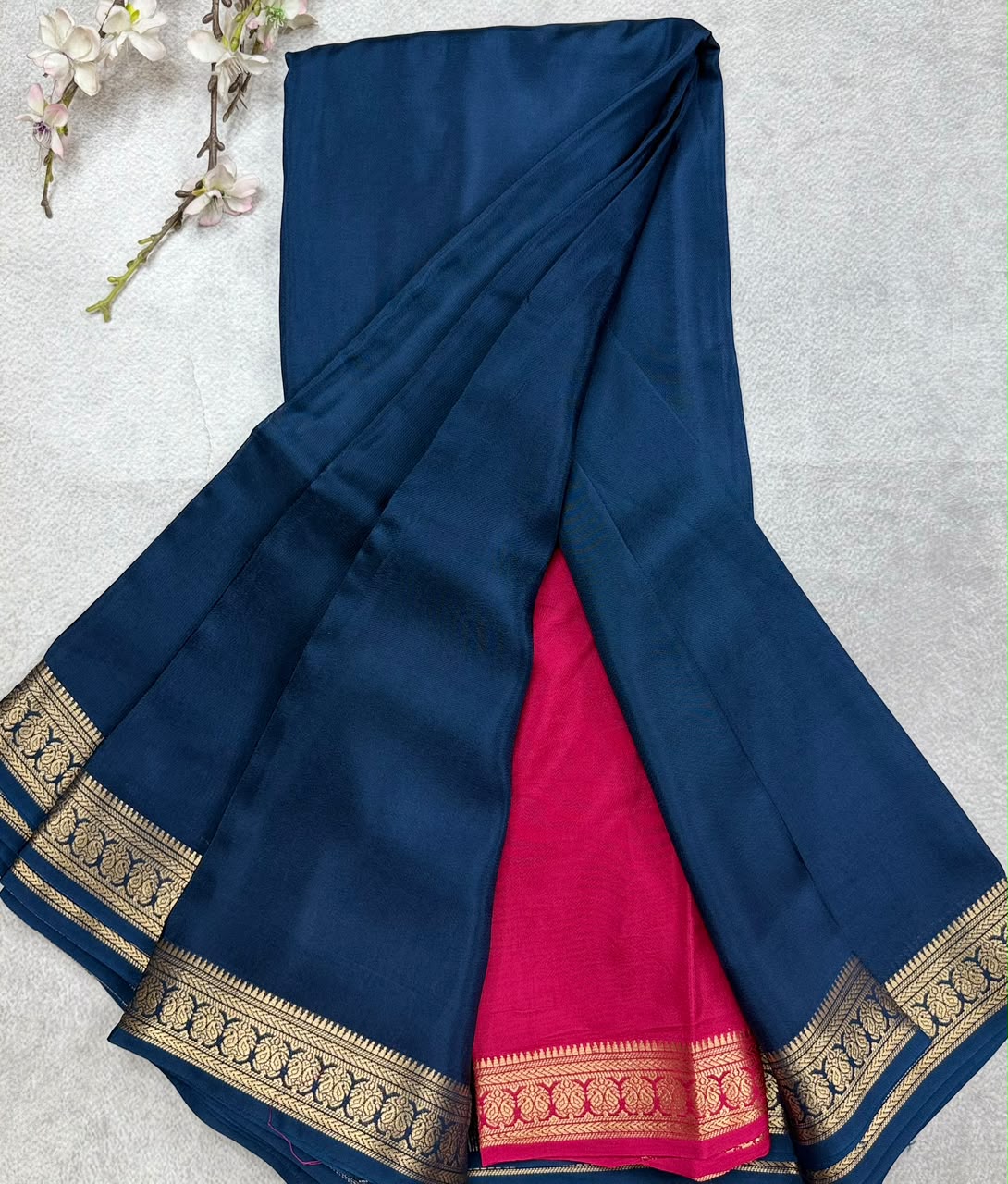 Peacock Blue Semi Mysore Crepe Saree 110