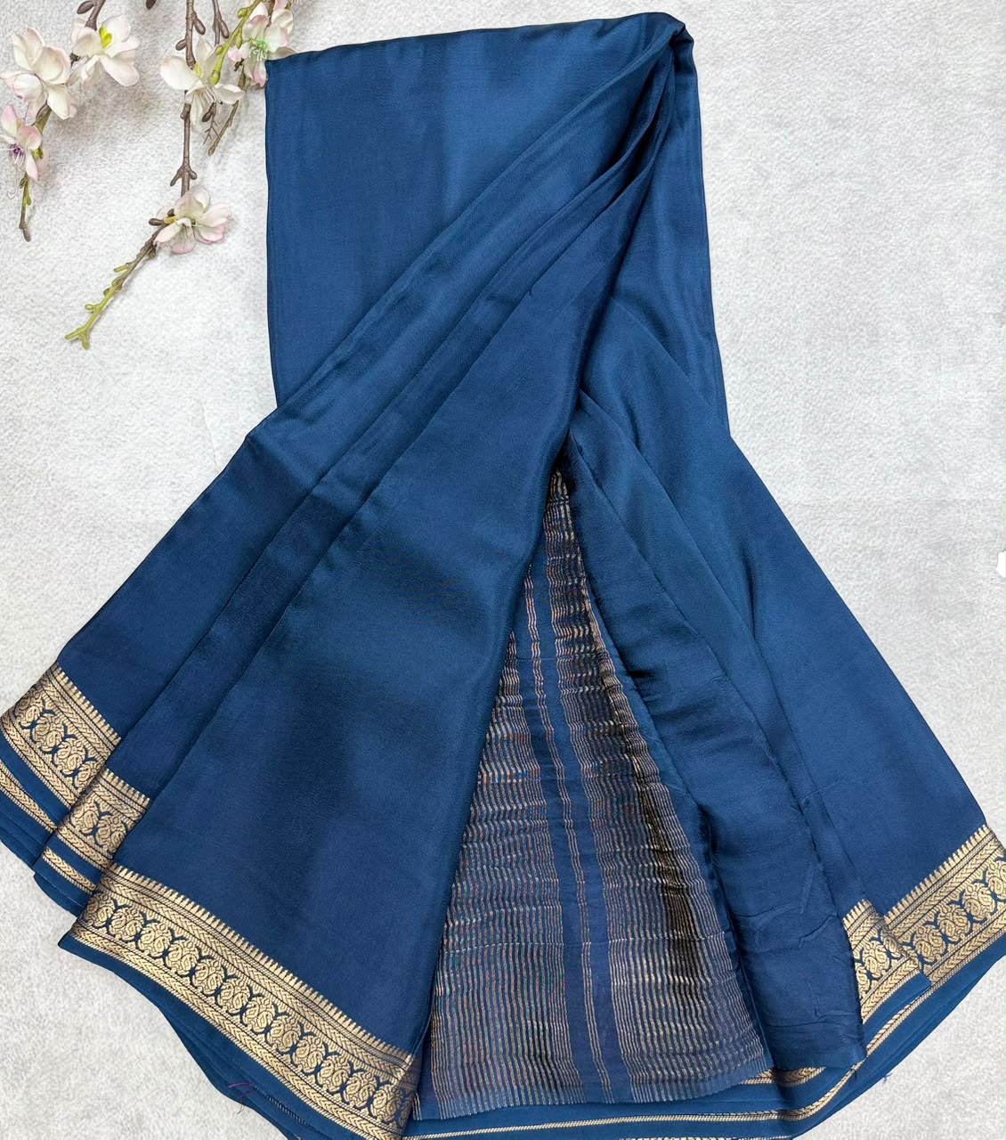 Peacock Blue Semi Mysore Crepe Saree 110