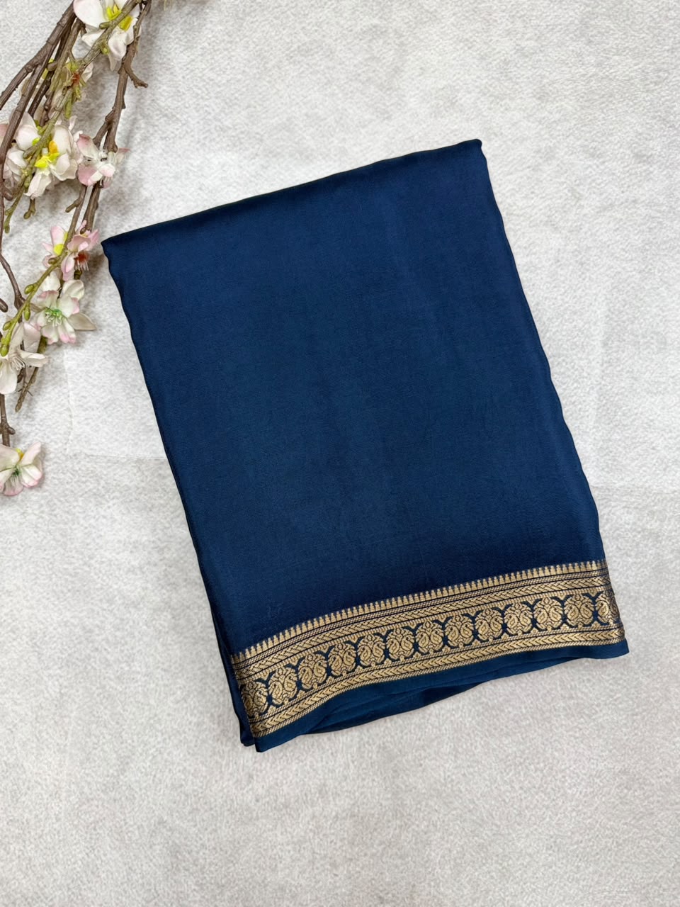 Peacock Blue Semi Mysore Crepe Saree 110