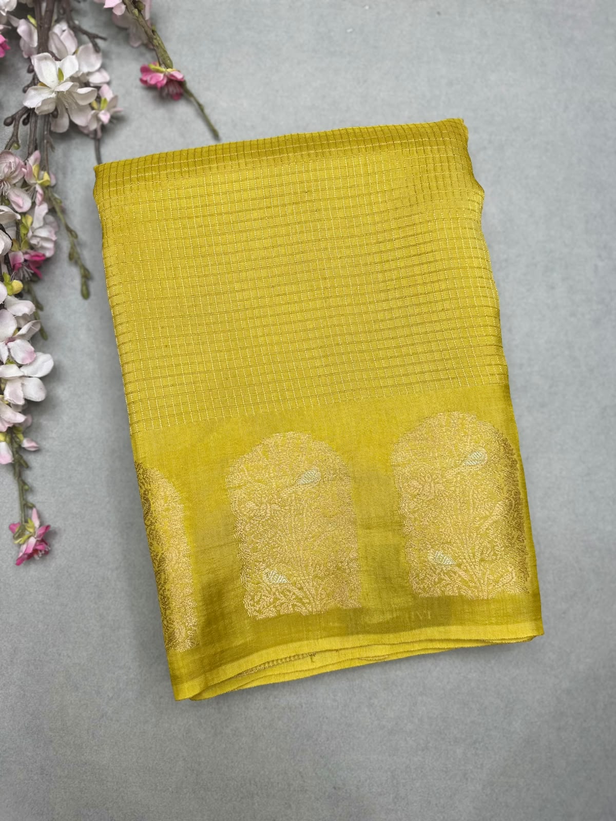 Yellow Checks Viscose Crepe Saree 111