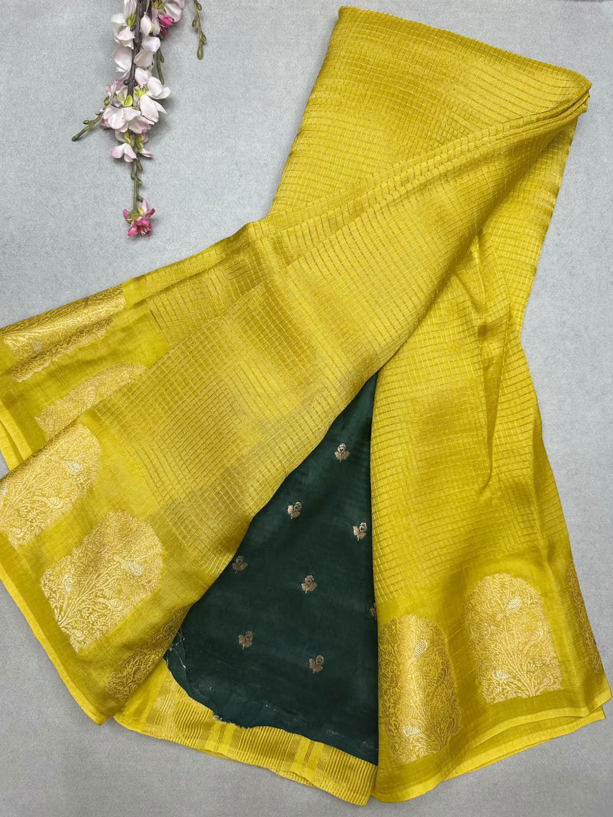 Yellow Checks Viscose Crepe Saree 111
