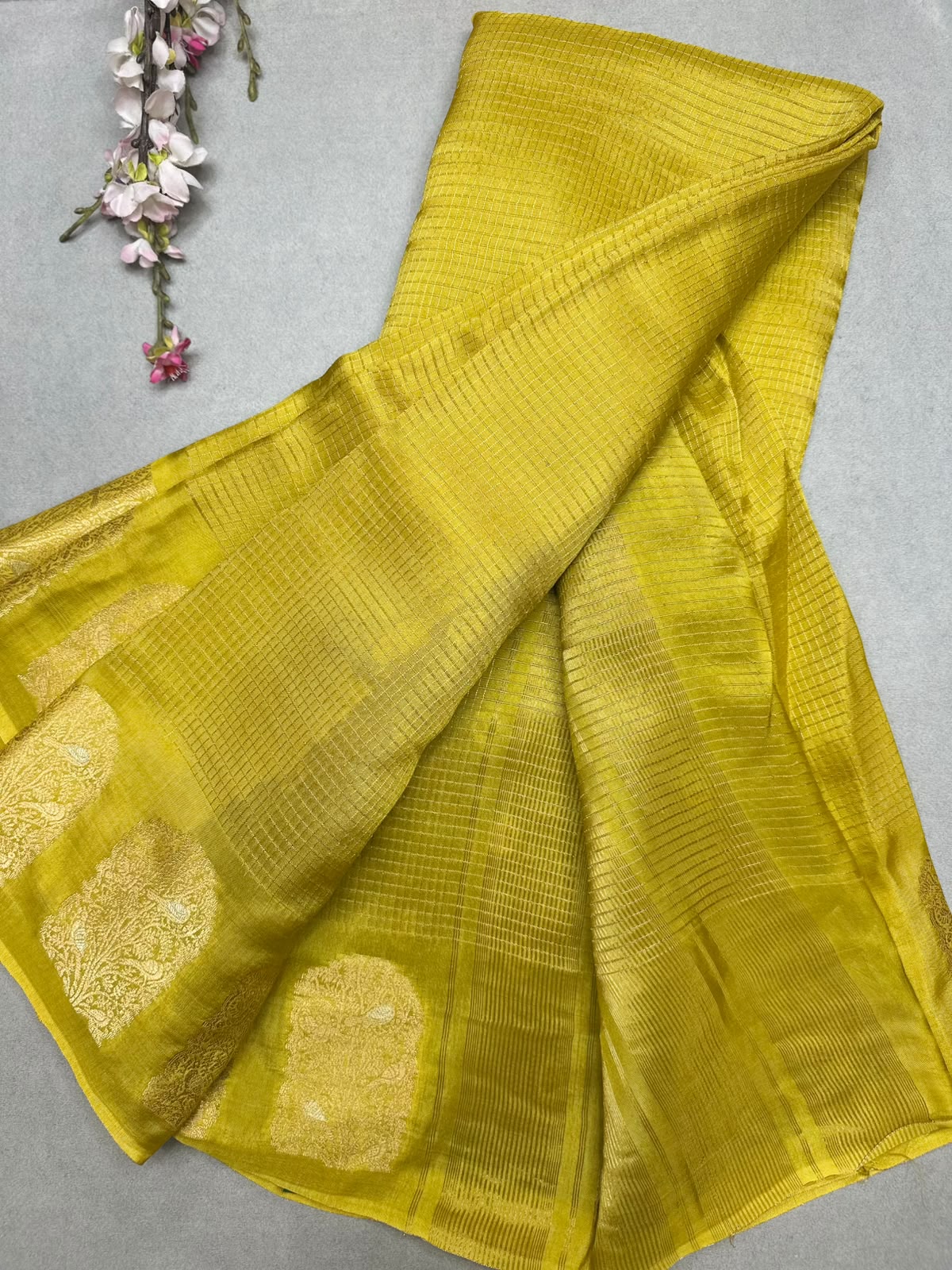 Yellow Checks Viscose Crepe Saree 111