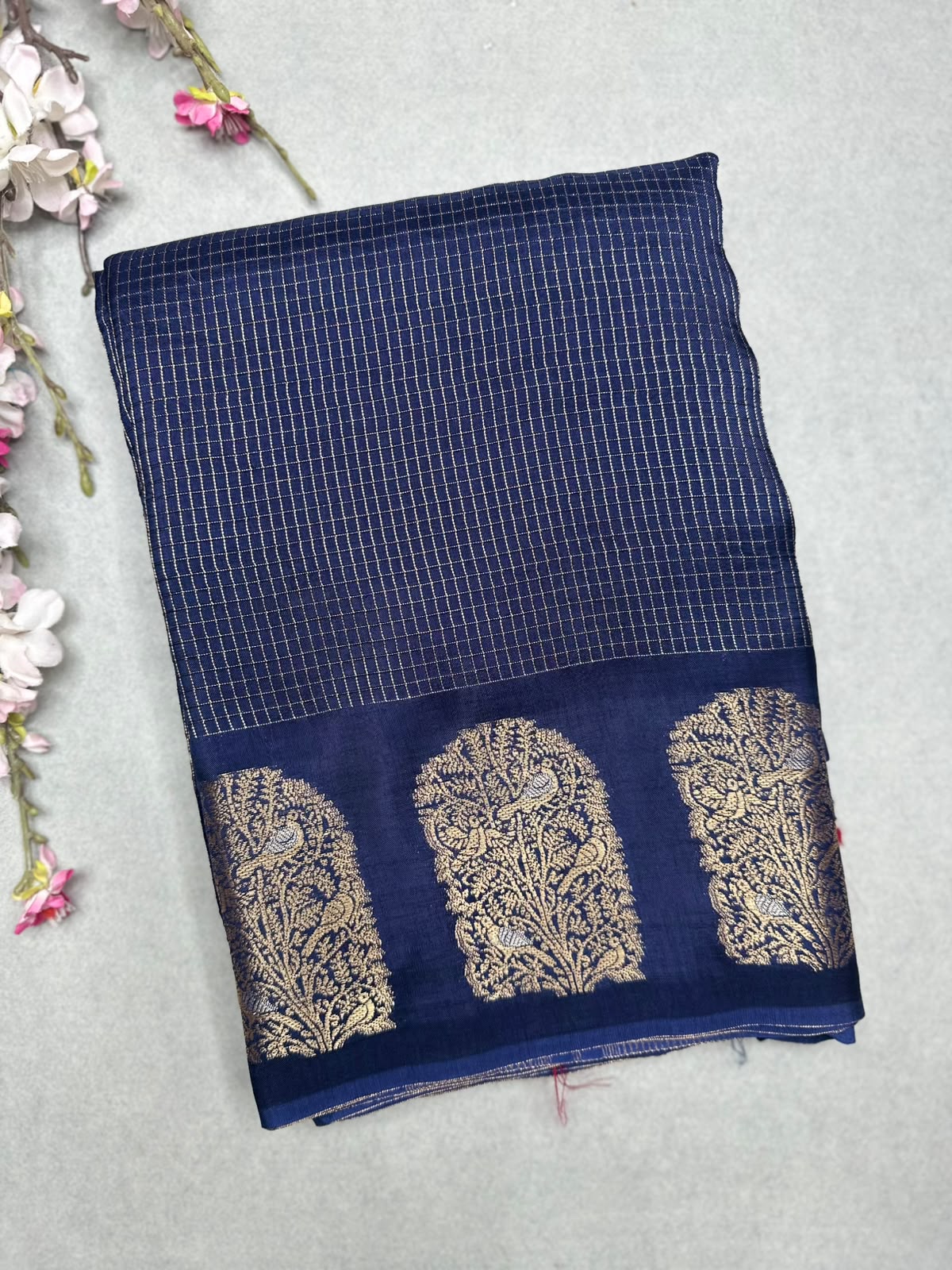 Navy Blue Checks Viscose Crepe Saree 111