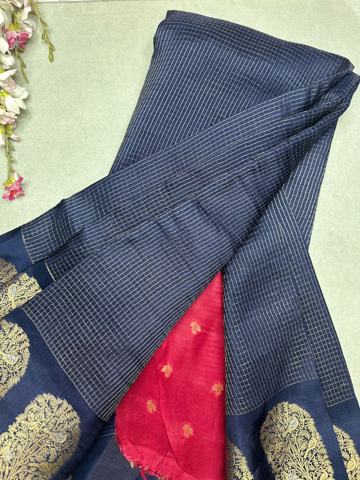 Navy Blue Checks Viscose Crepe Saree 111