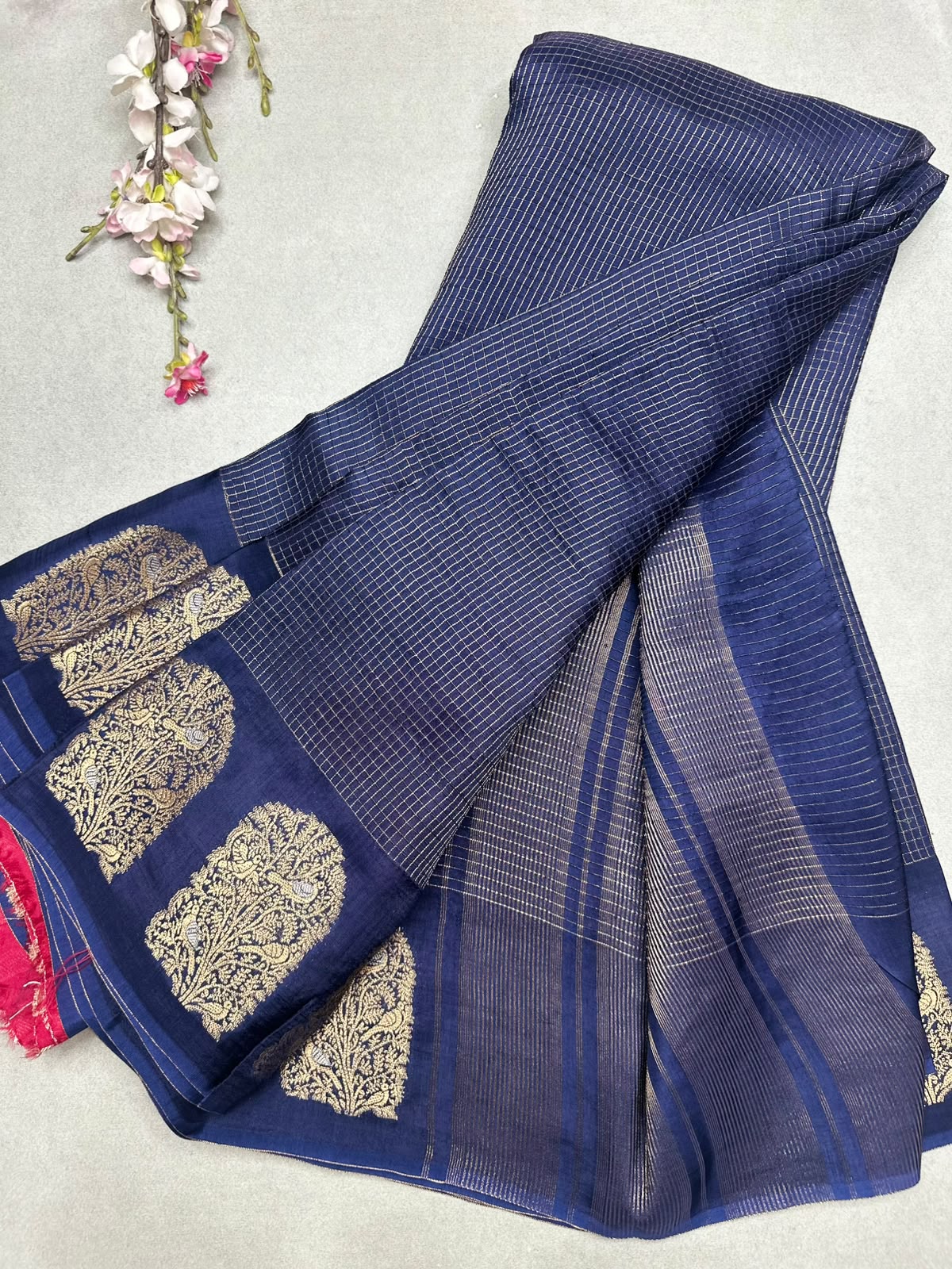 Navy Blue Checks Viscose Crepe Saree 111
