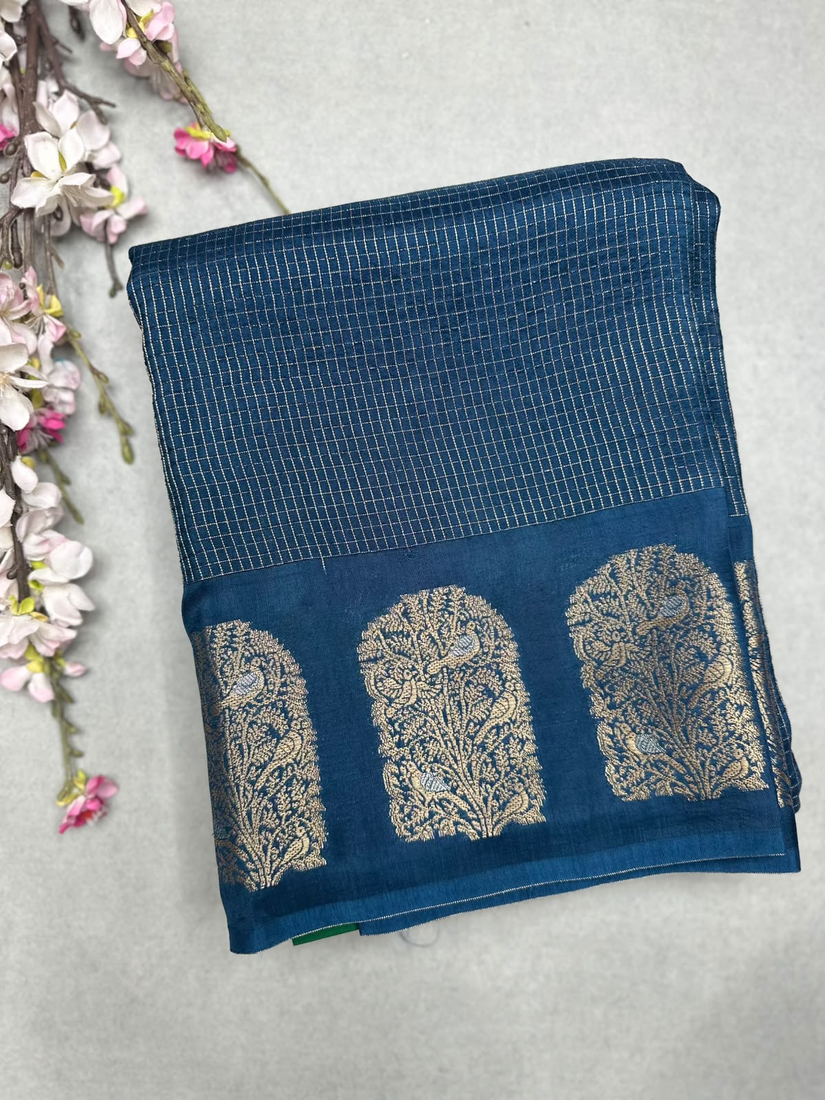 Peacock Blue Checks Viscose Crepe Saree 111