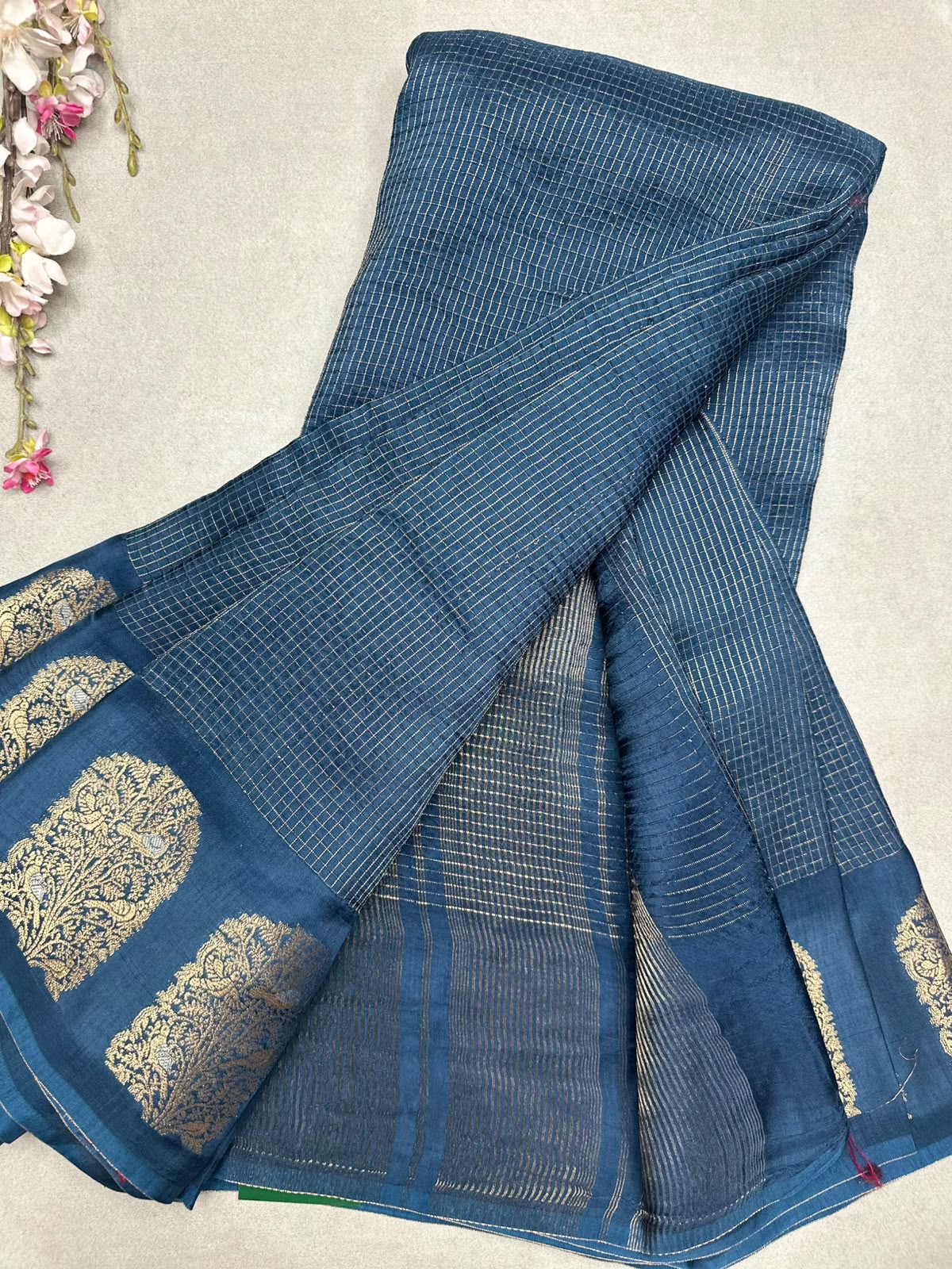 Peacock Blue Checks Viscose Crepe Saree 111