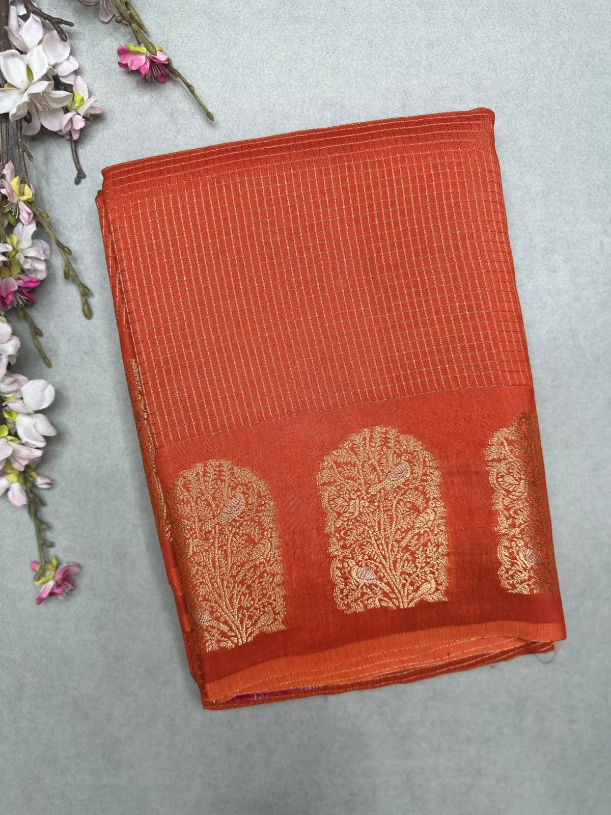 Orange Checks Viscose Crepe Saree 111