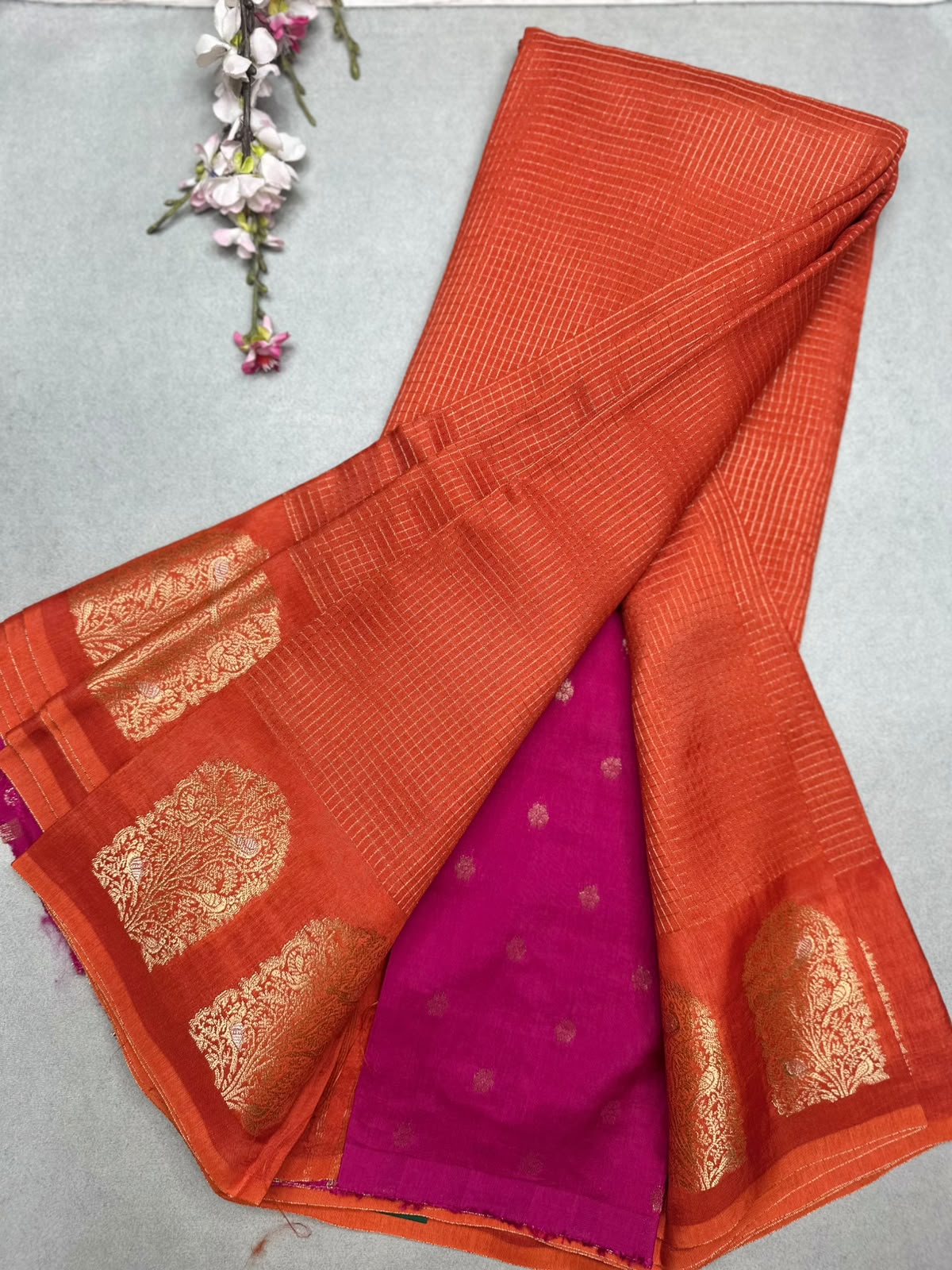 Orange Checks Viscose Crepe Saree 111