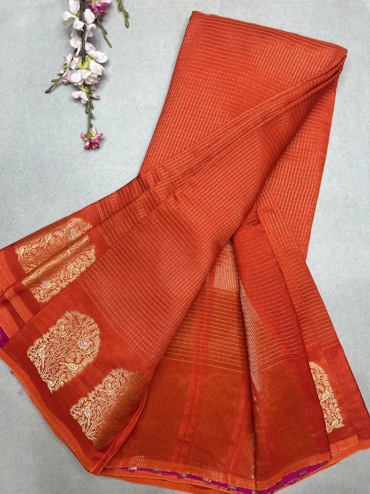 Orange Checks Viscose Crepe Saree 111