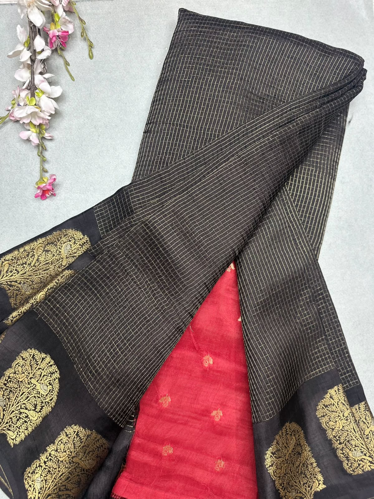 Black Checks Viscose Crepe Saree 111