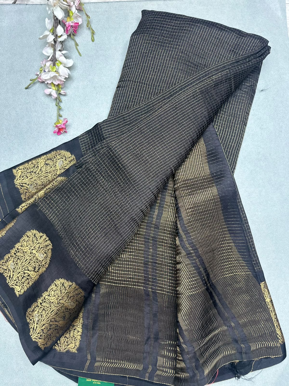 Black Checks Viscose Crepe Saree 111