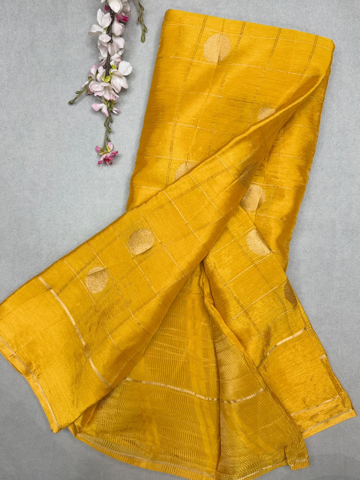 Yellow Checks Semi Wrinkle Crepe Saree 111