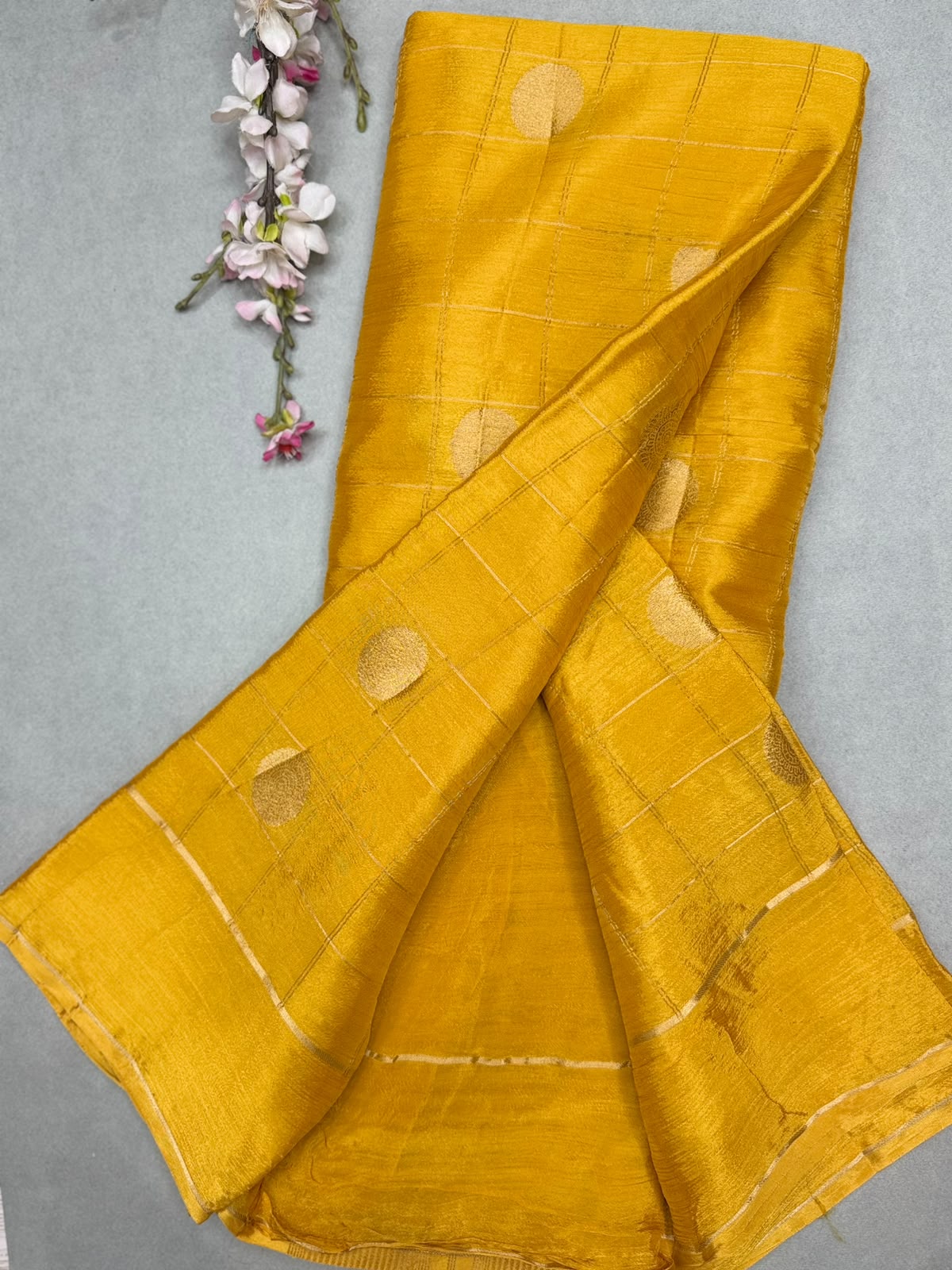 Yellow Checks Semi Wrinkle Crepe Saree 111