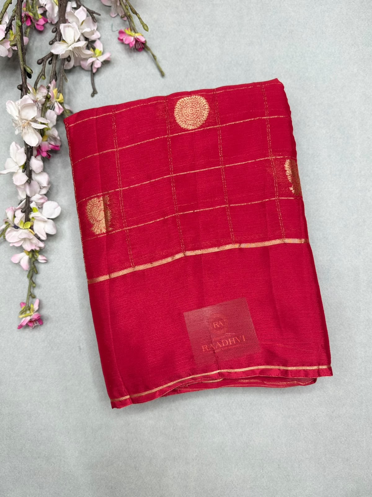 Red Checks Semi Wrinkle Crepe Saree 111