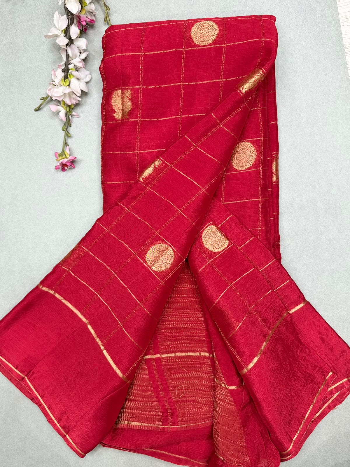 Red Checks Semi Wrinkle Crepe Saree 111