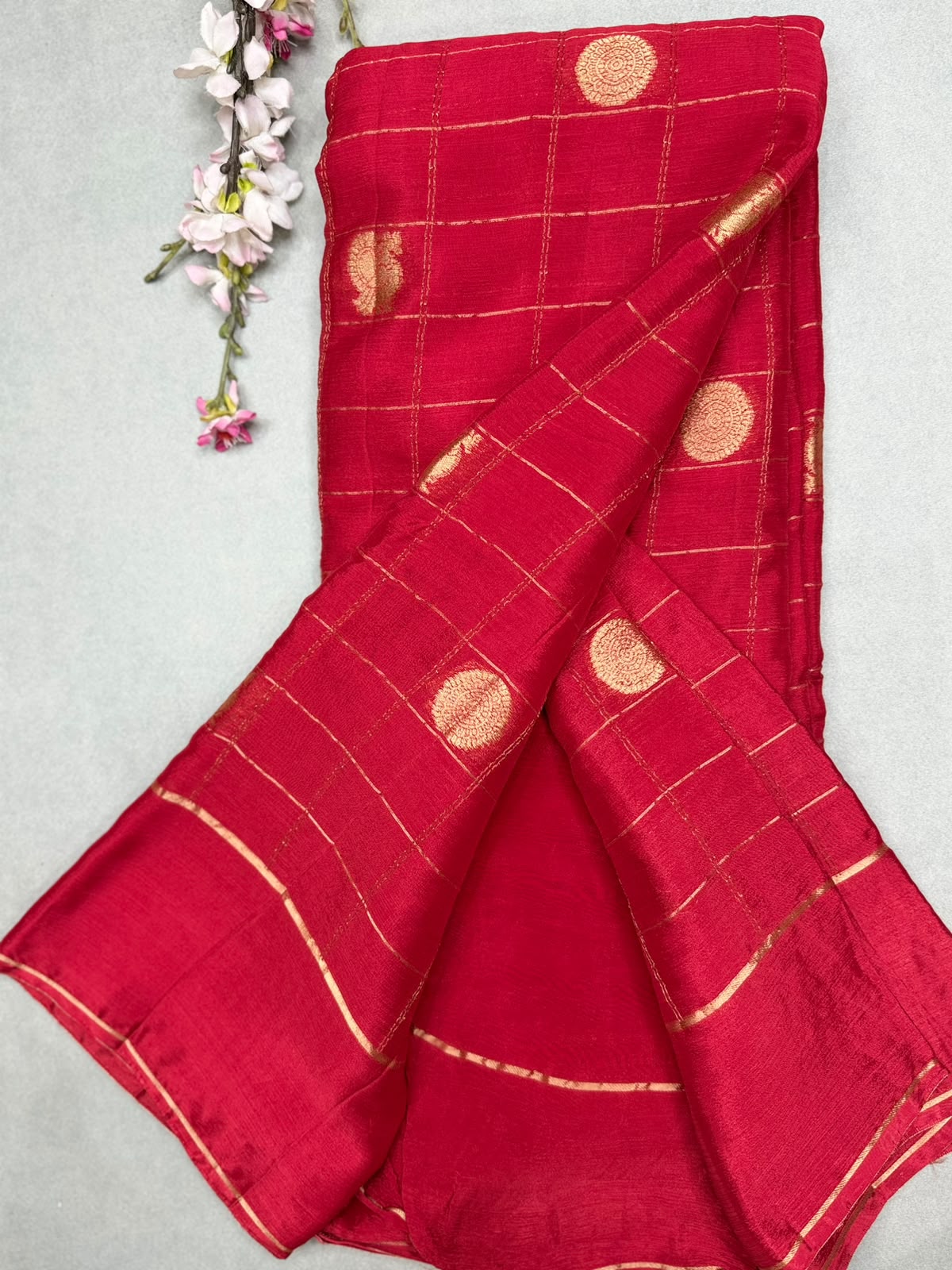 Red Checks Semi Wrinkle Crepe Saree 111