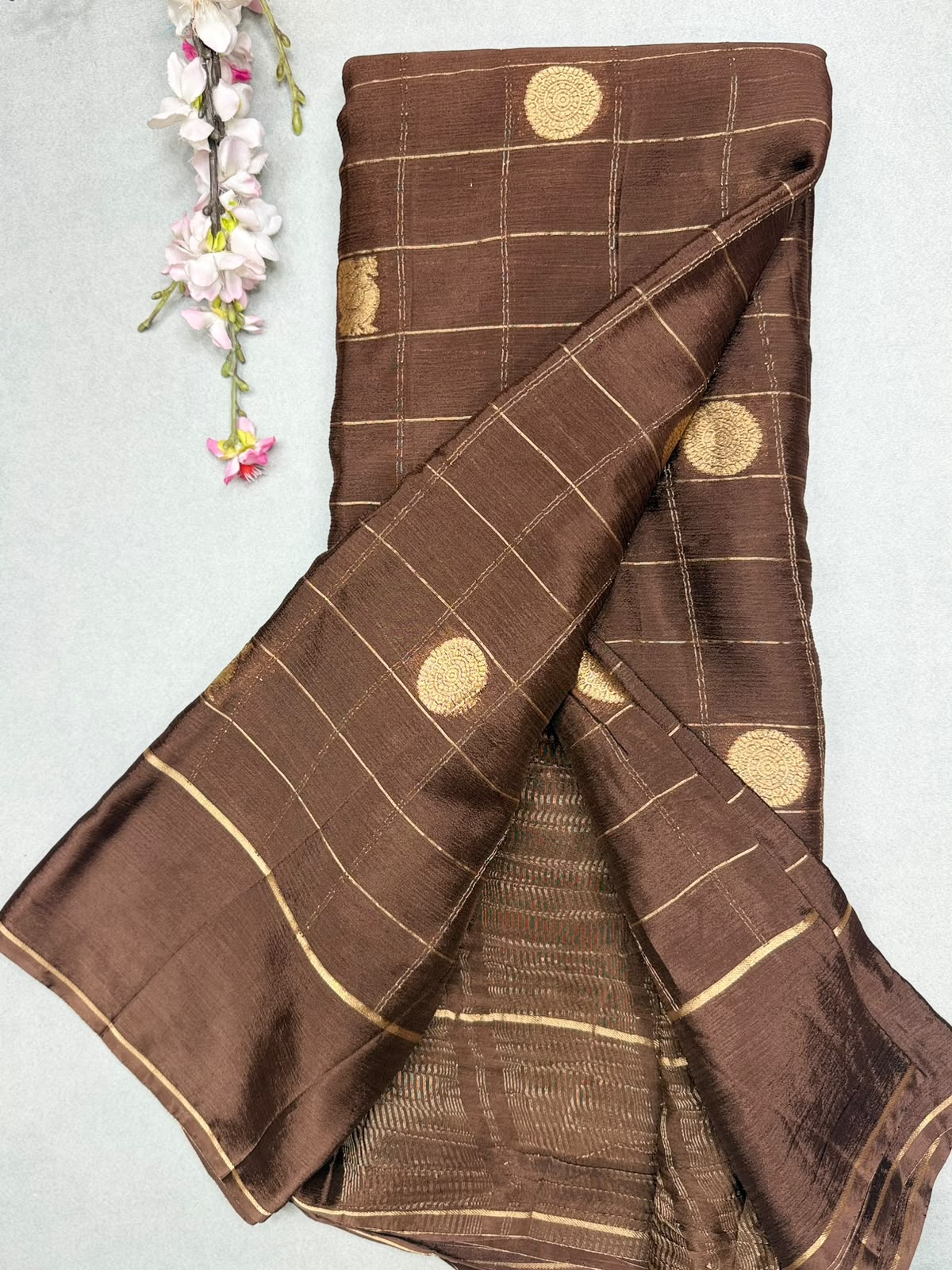 Brown Checks Semi Wrinkle Crepe Saree 111