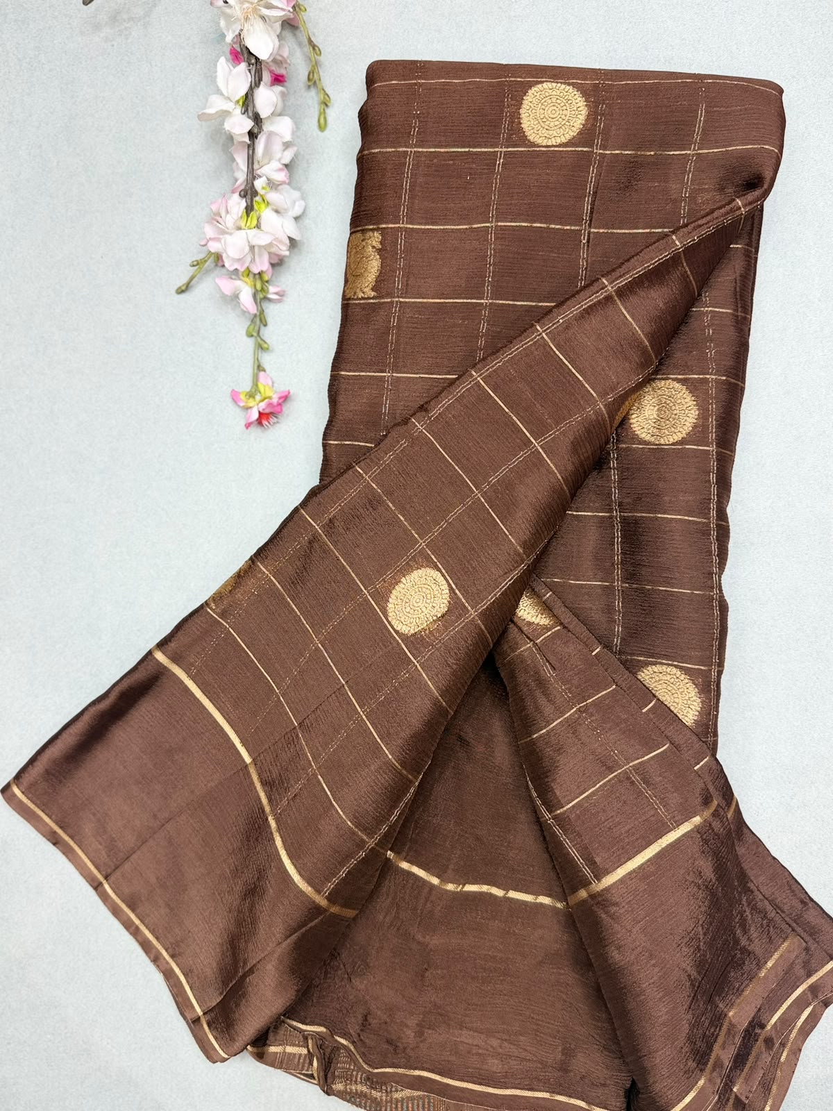Brown Checks Semi Wrinkle Crepe Saree 111