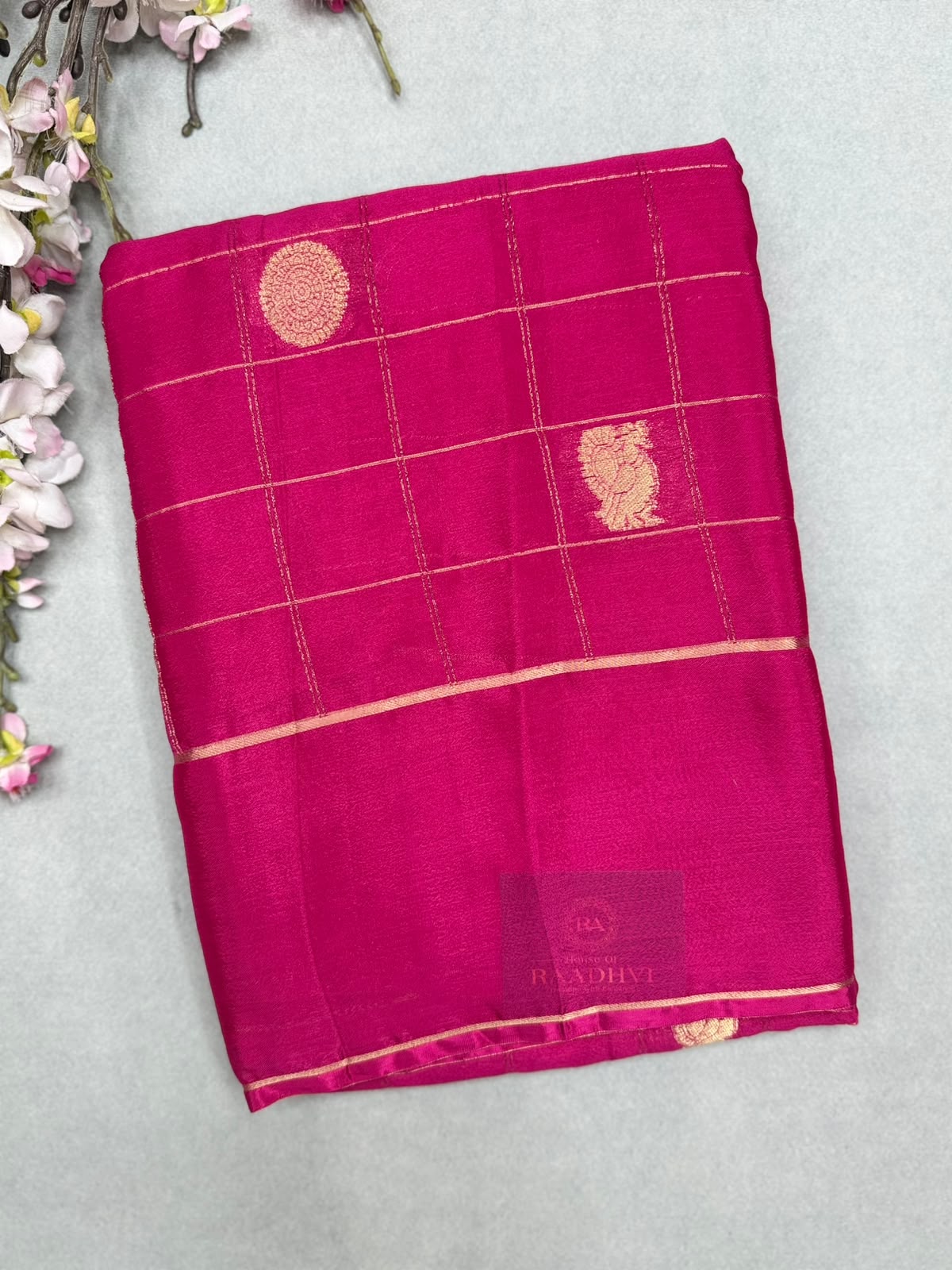 Pink Checks Semi Wrinkle Crepe Saree 111