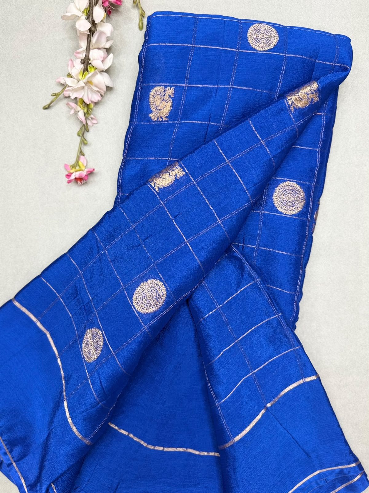Royal Blue Checks Semi Wrinkle Crepe Saree 111