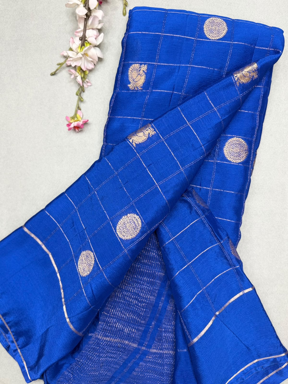 Royal Blue Checks Semi Wrinkle Crepe Saree 111