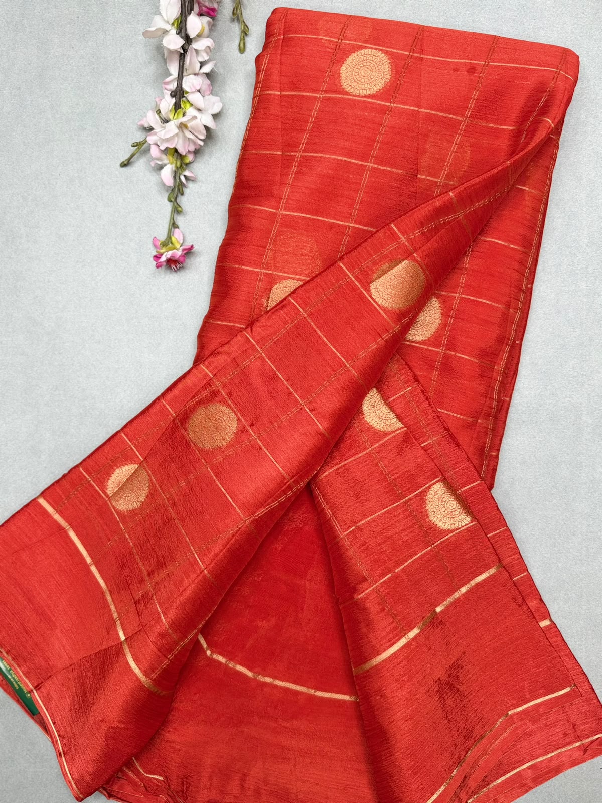 Orange Checks Semi Wrinkle Crepe Saree 111
