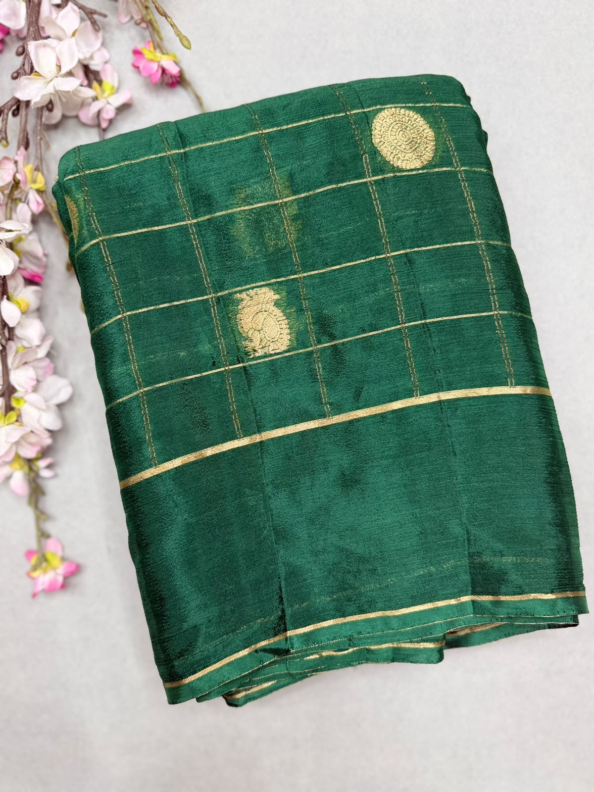 Bottle Green Checks Semi Wrinkle Crepe Saree 111