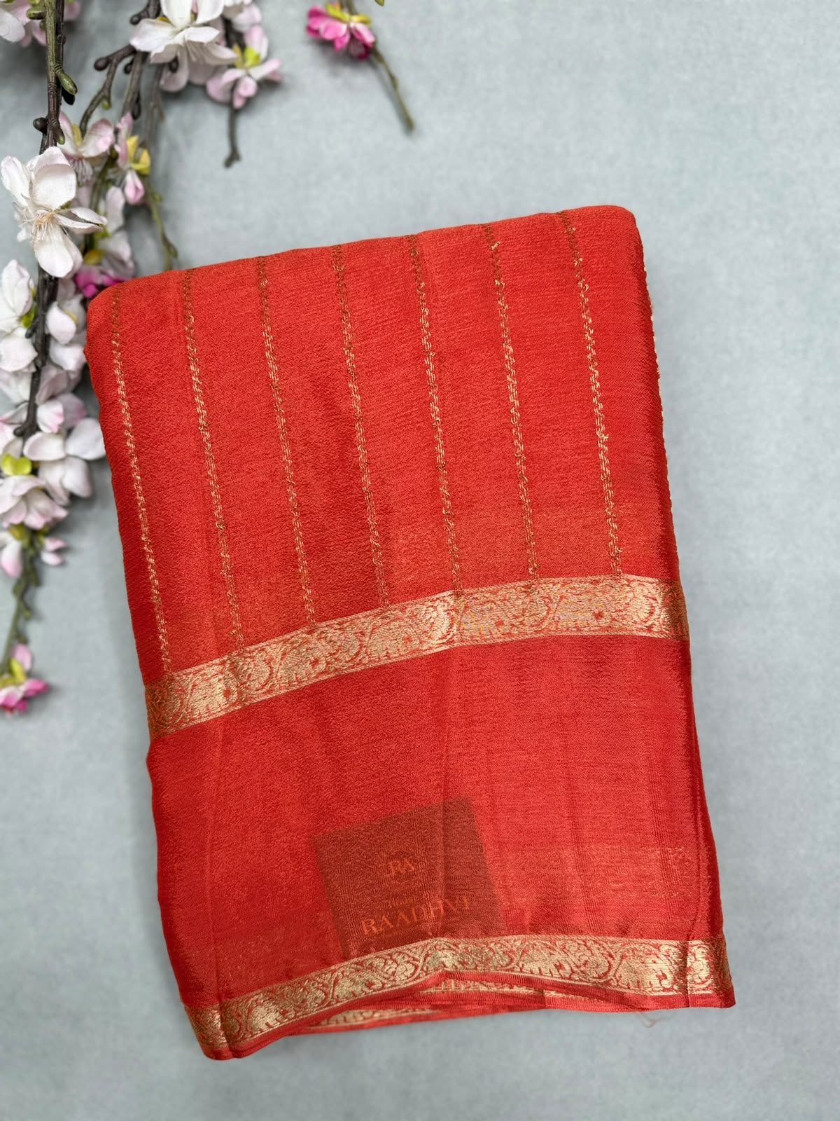 Orange Stripes Semi Wrinkle Crepe Saree 111