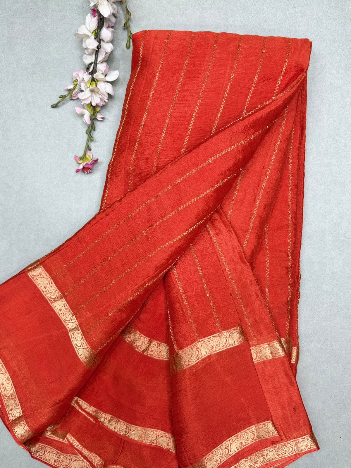 Orange Stripes Semi Wrinkle Crepe Saree 111