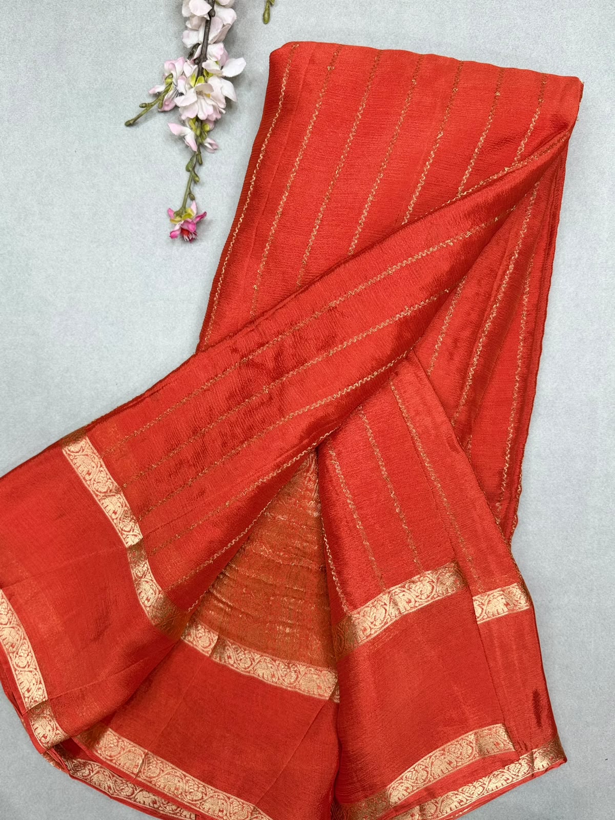 Orange Stripes Semi Wrinkle Crepe Saree 111
