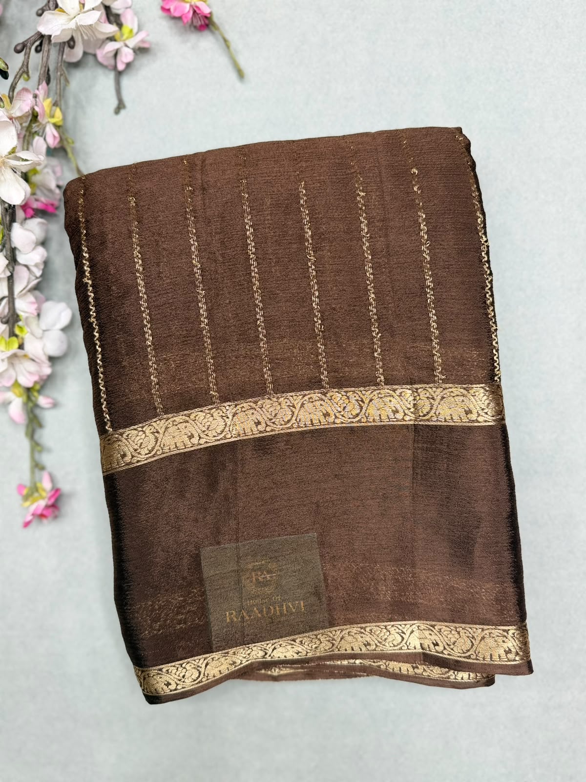 Brown Stripes Semi Wrinkle Crepe Saree 111